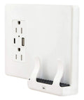 Sleek White Wall Mount Qi Wireless Charger With Dual Usbc And Usba Outlets Plus Two Wall Plugs showing rear view with ports.