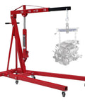 Top Shelf 2 Ton Steel Garage Engine Hoist With Folding Frame And Hydraulic Long Ram Jack for lifting car engines.