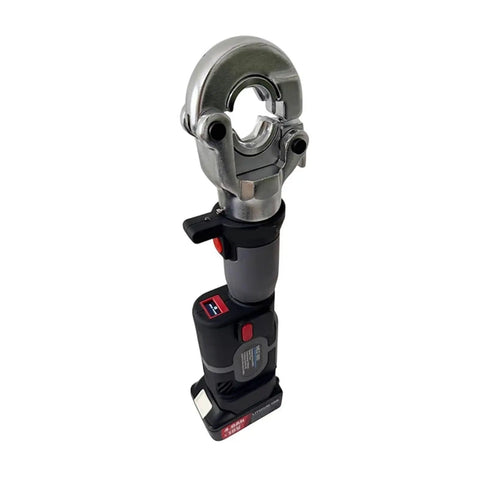 Hot MEZ-300 Hydraulic Battery Powered Cable Lug Crimpers Rechargeable 18V Electric Press Tool from top angle with die attachment.