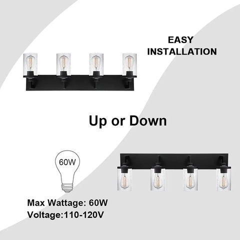 Dope Matte Black Bath Vanity Light With Seeded Glass Shade Modern Wall Mounted Sconce showing dual mounting options and specs