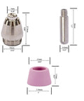 Pro Grade Plasma Cutter Consumables Kit 22 Piece Includes 10 Tips, 10 Electrodes, 2 Shield Cups, detailed dimensions shown