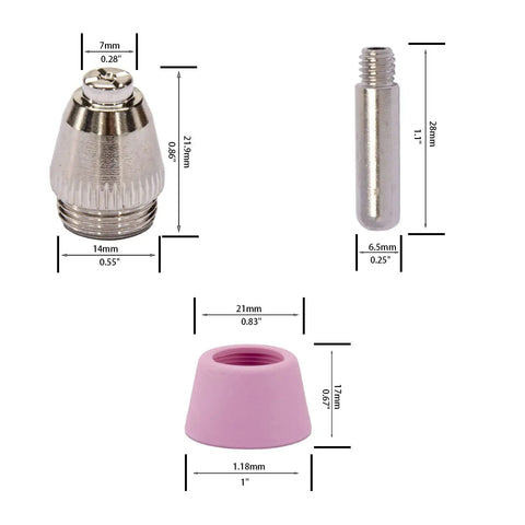 Pro Grade Plasma Cutter Consumables Kit 22 Piece Includes 10 Tips, 10 Electrodes, 2 Shield Cups, detailed dimensions shown