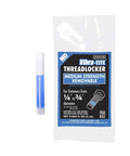 Image showing a Blue Thread Locker Medium Strength 2ml Tube for Auto and DIY Projects, removable with hand tools, beside the package.