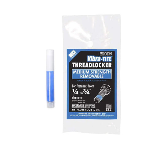 Image showing a Blue Thread Locker Medium Strength 2ml Tube for Auto and DIY Projects, removable with hand tools, beside the package.