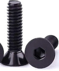 Close-up of 10-32 Inch Flat Head Socket Cap Screws With Allen Hex Drive, Premium 304 Stainless Steel 18-8 Black Coated Finish