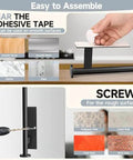 Self Adhesive Paper Towel Holder Wall Mount No Drill Easy Install on smooth and rough surfaces, showing adhesive tape and screws.