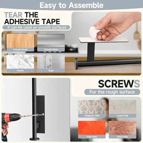 Self Adhesive Paper Towel Holder Wall Mount No Drill Easy Install on smooth and rough surfaces, showing adhesive tape and screws.