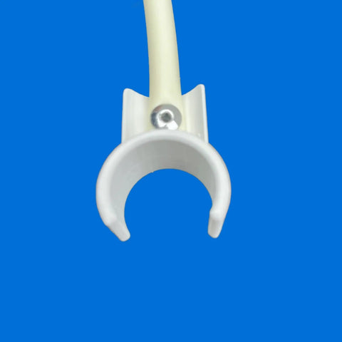 Clip On Weave Pole Guide Wires Set Of Four For Dog Agility Training Only Fit Homemade Poles Made From Factory Labeled Three Quarter Inch PVC Pipe USA Made close-up of clip.
