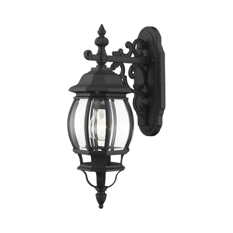 Frontenac 1 Light Outdoor Wall Lantern with clear beveled glass shades, black finish, side view of intricate scroll design, 20 inch