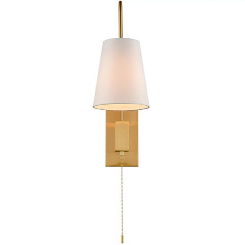 Modern Brass Plug In Wall Sconces Set Of Two With Fabric Shade And Pull Chain Switch perfect for bedroom and living room decor