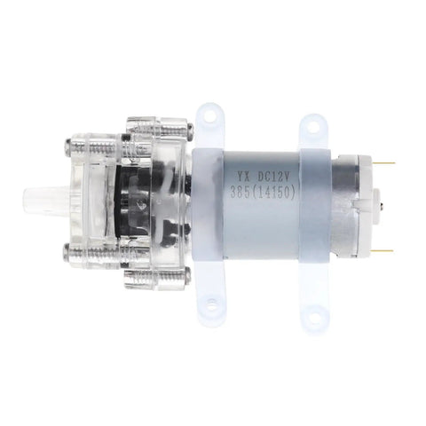 Compact Mini DC Water Pump Self Priming Diaphragm Motor 6 To 12V side view with transparent casing and metal housing
