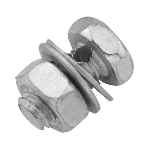Close-up of screw and nut from 8 Piece Brake Cable Regulator Clamp Set With 26 Square Head Silver Locking Screws And Nuts.