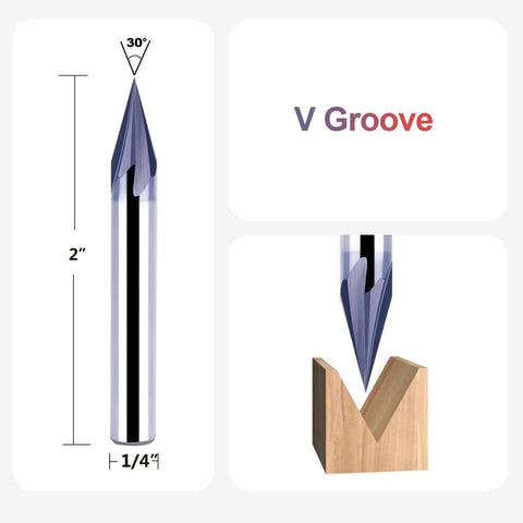SpeTool 30-degree V-groove router bit with TiAIN coating, 1/4 in shank, 4-flute carbide; shown with wooden V-groove jig