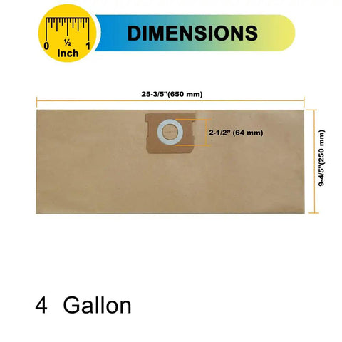 Dimension chart of Five Pack Replacement Shop Vac Filter Bags 25 1238 For Stanley And Porter Cable 4 Gallon Wet Dry Vacuums