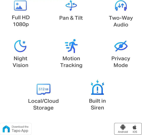 Icons showing features of Pan Tilt Security Camera For Baby And Pets With 360 Degree View And 114 Degree Vertical Coverage 1080P HD