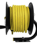 Side view of Heavy Duty Manual Hose Reel With Three Eighths Inch By Fifty Feet Rubber Air Hose Oil And Kink Resistant Built In Bend Restrictor