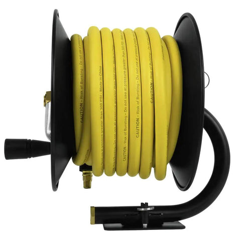 Side view of Heavy Duty Manual Hose Reel With Three Eighths Inch By Fifty Feet Rubber Air Hose Oil And Kink Resistant Built In Bend Restrictor