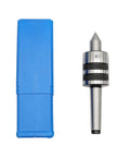 MT2 Ball Bearing Morse Taper Live Center Internal Rotation for wood and metal lathes next to blue protective case