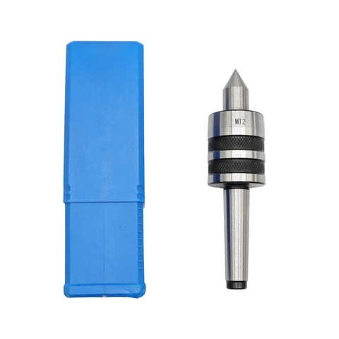 MT2 Ball Bearing Morse Taper Live Center Internal Rotation for wood and metal lathes next to blue protective case
