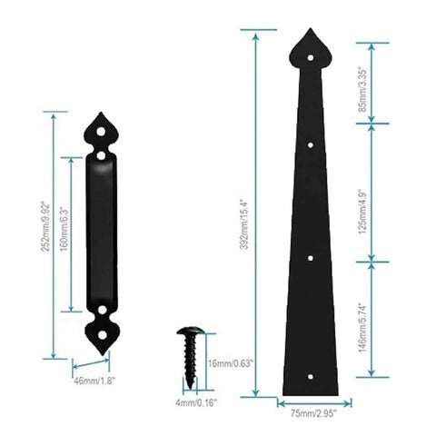 Steel garage door hardware kit with dimensions; black hinge, handle, and screw for wood and metal doors, Six Piece Steel Garage Door Hardware Kit