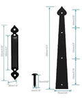 Dimensions of hinges and screws in 6 Pack Heavy Duty Garage Door Hardware Kit With Rugged Decorative Steel Hinge Handles and Soft Close Silent Hydraulic Buffer.