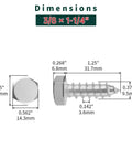 Dimensions of Beefy Heavy Duty 3/8 By 1-1/4 Inch Lag Screws With Flat Washers In 304 Stainless Steel 18/8 For Decks And Wood Projects Full Thread Hex Head Wood Lag Screws With 9/16 Inch Hex Drive 10 Sets