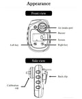 Front and side views of ATO Ammonia Gas Monitor NH3 detector schematic, showing air intake port, buzzer, display, calibration cap, and back clip.