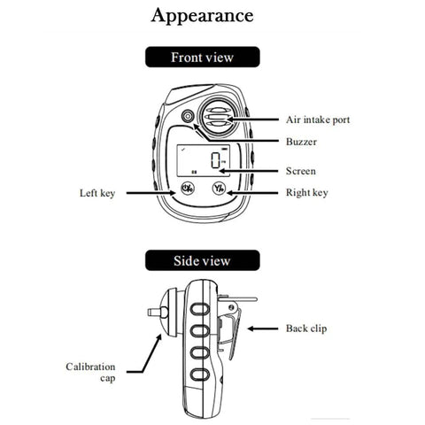 Carbon Monoxide CO Gas Detector With Back Clip, Loud Alarm Light And Vibration Alerts, 0 To 2000ppm shown front and side view
