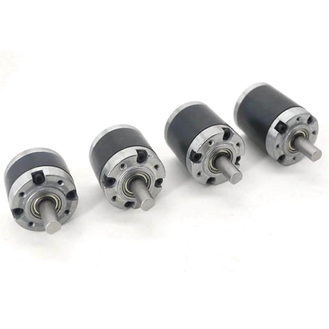 Four 36mm planetary gear motors with 6mm shafts for DIY robotics, showcasing the 1 to 100 gear ratio and compact design.