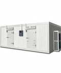 Custom Cold Room Build Top Shelf Heavy Duty Industrial Walk In Freezer Blast Freezing Beast Mode High Efficiency Refrigerated Storage Locker For Fish Fruit And Veggies Keeps Chill Locked side view of a large white insulated freezer unit.