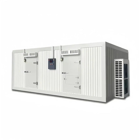 Custom Cold Room Build Top Shelf Heavy Duty Industrial Walk In Freezer Blast Freezing Beast Mode High Efficiency Refrigerated Storage Locker For Fish Fruit And Veggies Keeps Chill Locked side view of a large white insulated freezer unit.