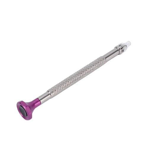 Pro Grade Watch Hand Presser Tool With 20 Pin Sizes, stainless steel, diamond-pattern grip, purple tip