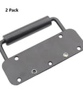 Two Pack Spring Loaded Chest Handle Pulls With Rubber Grip Surface Mount For Chests Trunks Crates And Storage Boxes Heavy Duty Thickened 2mm Iron Hardware Built To Last And Ready For Rough Indoor Outdoor Use, showing one handle with a black finish and mounting holes.