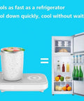 Premium 3in1 Temperature Control Mug With Built In 15W Fast Wireless Charging Pad Keep Your Morning Fuel Lit All Workday Long Super Chill Sipper For Office Desk Setup showing mug cooling next to a refrigerator.