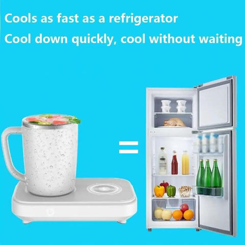 Premium 3in1 Temperature Control Mug With Built In 15W Fast Wireless Charging Pad Keep Your Morning Fuel Lit All Workday Long Super Chill Sipper For Office Desk Setup showing mug cooling next to a refrigerator.