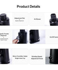 Badass Single Dose Electric Coffee Grinder Featuring Rock Solid 80 Millimeter Flat Burrs And Tweakable Stepless Adjustment For Hella Smooth Flavor Extraction And Minimal Static Residue Always Ready To Serve Black, showing adjustment dial, air blower, and magnetic powder dispenser.