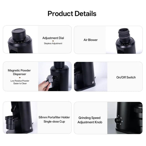 Badass Single Dose Electric Coffee Grinder Featuring Rock Solid 80 Millimeter Flat Burrs And Tweakable Stepless Adjustment For Hella Smooth Flavor Extraction And Minimal Static Residue Always Ready To Serve Black, showing adjustment dial, air blower, and magnetic powder dispenser.