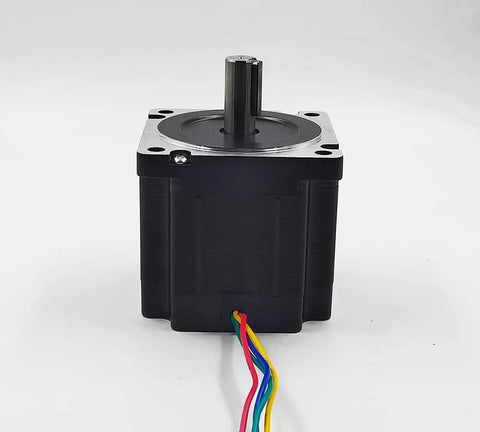 Front view of NEMA 34 stepper motor with black housing, silver faceplate, 4 mounting holes, top shaft, multicolor wires