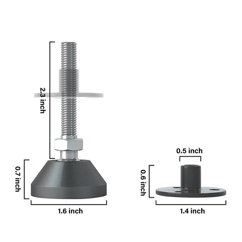 Beefy Heavy Duty Furniture Levelers With Nut Kit Adjustable Feet For Tables Cabinets Chairs Workbenches And Sofas Supports 1420 Lbs Four Pack Universal Nylon Bottom For All Floor Types Easy Install, showcasing dimensions.