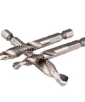 Six Piece 1/4 Inch Hex Shank Drill And Tap Bit Set With HSS 4341 Performance Deburr Countersink For Wood Aluminum Iron And More 1/8 Inch To 3/8 Inch Kit Pro Grade in silver HSS material