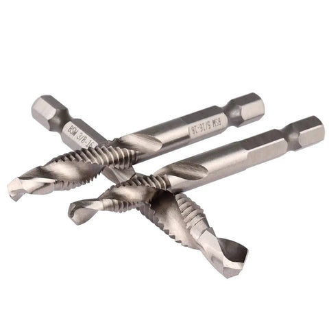 Six Piece 1/4 Inch Hex Shank Drill And Tap Bit Set With HSS 4341 Performance Deburr Countersink For Wood Aluminum Iron And More 1/8 Inch To 3/8 Inch Kit Pro Grade in silver HSS material