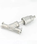 Tri Clamp Y Shaped 304 Stainless Steel Pneumatic Actuated Angle Valve For Steam Gas Oil Water, From DN15 To DN50 Size Range, BSPT Connection, Dual Stainless Steel Body For Industrial Piping. DN15 stainless steel pneumatic Y valve with tri clamp ends