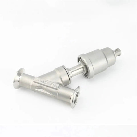 Tri Clamp Y Shaped 304 Stainless Steel Pneumatic Actuated Angle Valve For Steam Gas Oil Water, From DN15 To DN50 Size Range, BSPT Connection, Dual Stainless Steel Body For Industrial Piping. DN15 stainless steel pneumatic Y valve with tri clamp ends