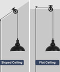 Industrial Plug In Pendant Light With 19.5 Foot Cord And On Off Switch Retro Barn Bronze Dome Ceiling Fixture showing sloped and flat ceiling options.