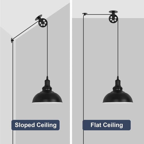 Industrial Plug In Pendant Light With 19.5 Foot Cord And On Off Switch Retro Barn Bronze Dome Ceiling Fixture showing sloped and flat ceiling options.