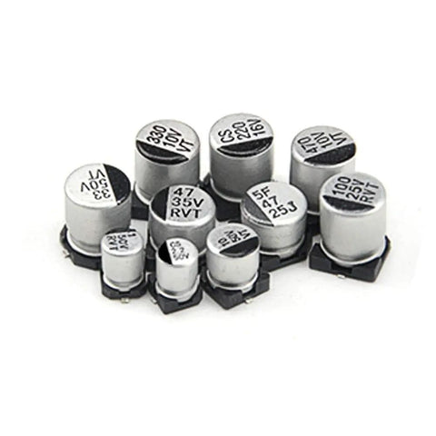 Close-up of 200 Piece SMD Aluminum Electrolytic Capacitor Kit With Ten Values From 1U To 470U In Durable Plastic Box for electronics repair