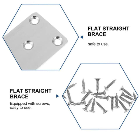 6 Pack Stainless Steel Straight Brackets For Wood Repair And Reinforcement with screws, flat metal mending plates.