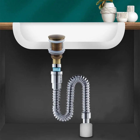 Copper Wash Basin Drain Plug, With drain hole, With drain hole A installed under a sink featuring a flexible drainage pipe.