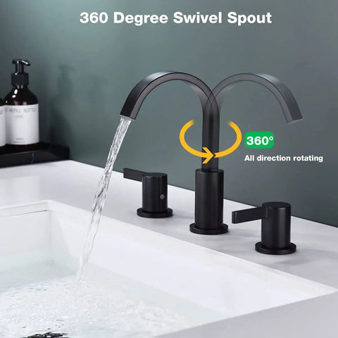 Matte Black 3 Hole 8 Inch Widespread Bathroom Faucet With Brass Lavatory Vanity Sink, Overflow Pop Up Drain, cUPC Waterlines, 360 Degree Swivel Spout, Built To Last Solid Brass With No Drip Ceramic Cartridge showing water flow