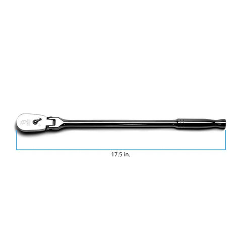 Half Inch Drive Low Profile Flex Head Ratchet With True 72-Tooth Gear shown with 17.5-inch length and 180-degree flex head feature.